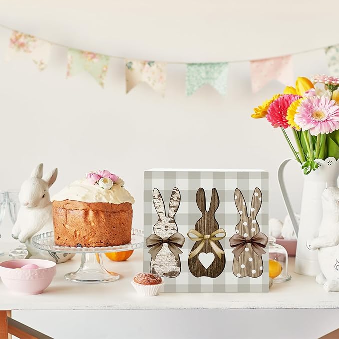 Easter Decor, Rabbit Wooden Box Sign, Rustic Easter Tiered Tray Decorations, Farmhouse Bunny Rabbit Decorative Table Centerpiece Sign for Party Home Kitchen Dining Table Decor 5x5