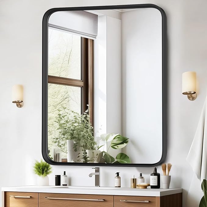 Bathroom Mirror for Wall, 40x30 Inch Rounded Rectangle Mirror, Black Metal Framed Bathroom Vanity Mirror for Restroom Farmhouse, Anti-Rust, Tempered Glass, Horizontally or Vertically Hanging