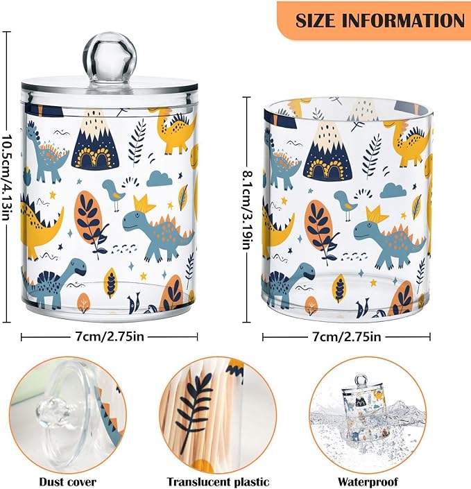 2 Pack Qtip Holder Dispenser for Cotton Ball Dino Childish Dinosaur Doodle Swab Cotton Round Pads Clear Plastic Acrylic Jar Set Bathroom Canister