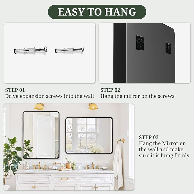 Bathroom Mirror 40x30 Inch Black Metal Frame Rectangle Vanity Mirror with Rounded Corners, Modern Wall Mounted Anti-Rust Mirror for Farmhouse, Restroom, Entryway, Horizontal or Vertical Hanging