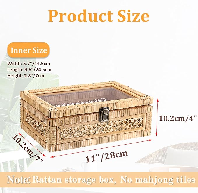 Rattan Box Rattan Decorative Storage Box with Lid Rectangular Wicker Rattan Basket Box for Shelf Rattan Box for Decor,11"L x 7.1"W x 4"H