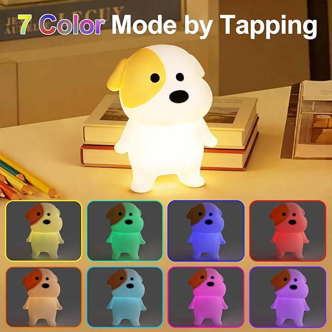 Puppy Night Light for Kids - Squishy Silicone Dog Lamp with Dimmable & 7 RGB Color Changing, Animal Sound, Rechargeable BPA-Free, Dog Nightlight Gift for Children/Teens/College Students