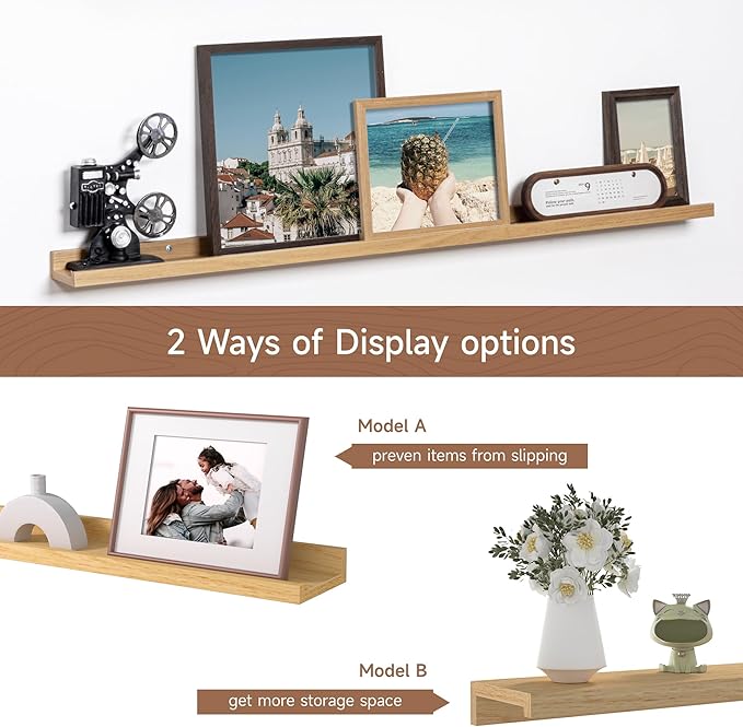 Fun Memories Picture Ledge Shelf, 40 Inch Floating Shelves Set of 2, Large Nursery Book Shelves for Toys Storage, Kids Bookshelf Wall Mounted for Wall Decor Books Photo Frames, Oak