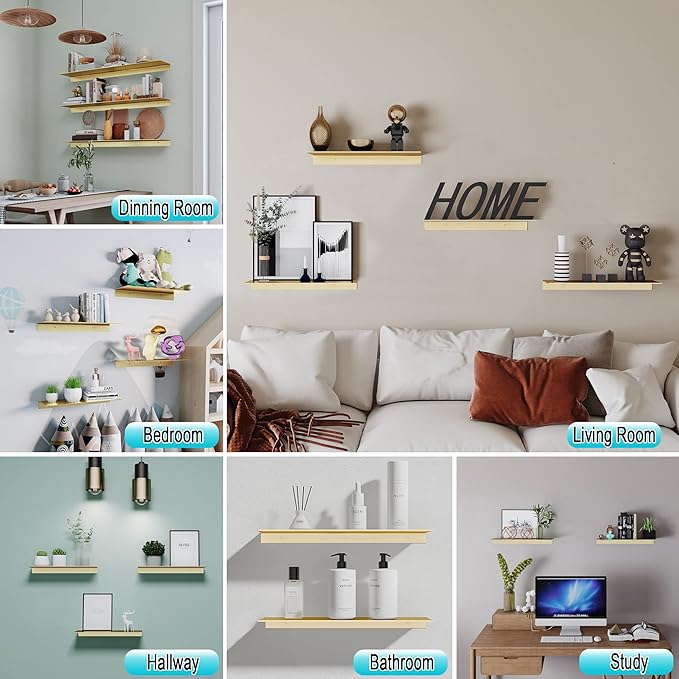 HNVNER Metal Floating Shelves, Set of 2, Brushed Gold Wall Shelves Picture Ledge, Shower Caddy Wall Mounted, Decorative Display Shelf for Bedroom, Living Room, Bathroom, Office