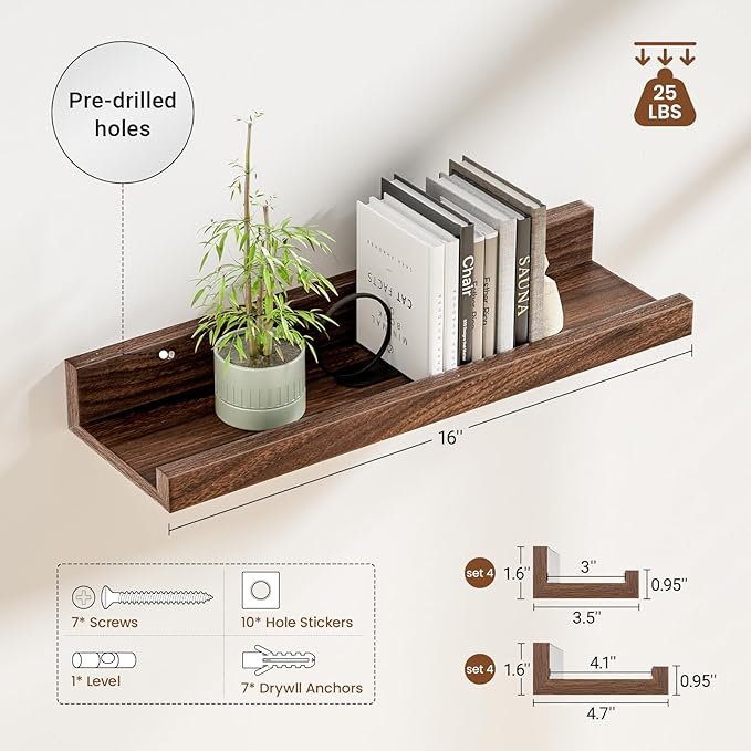 Heimlove 24 inch Picture Ledge Shelf Set of 8,Long Floating Shelves for Wall,Walnut Picture Shelf with Lip for Wall Decor,Living Room Bedroom Bookshelf Photo Frames Nursery Book Shelves for Storage