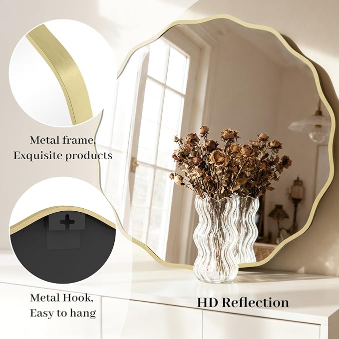 HOMECOOKIN 32 Inch Wavy Round Wall Mirror, Round Wavy Wall Mirror with Aluminum Frame for Bathroom Upgrades, Hotels, Dressing Tables,Farmhouses