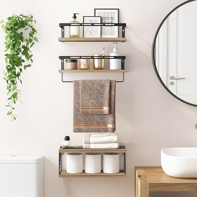 Fixwal Bathroom Shelves Over Toilet, Floating Shelves Wall Mounted with Metal Frame and Towel Bar for Bathroom, Kitchen, Bedroom, Living Room (3 Plus 1 Rustic Brown)