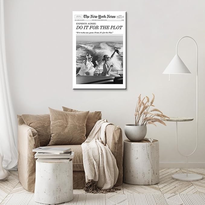 Retro Trends Black And White Newspaper Canvas Wall Art Trendy Do It For The Plot Poster Funky College Feminist Wall Decor For Bar Cart Hot Girl Dorm Bathroom 16x24in Wrapped Canvas