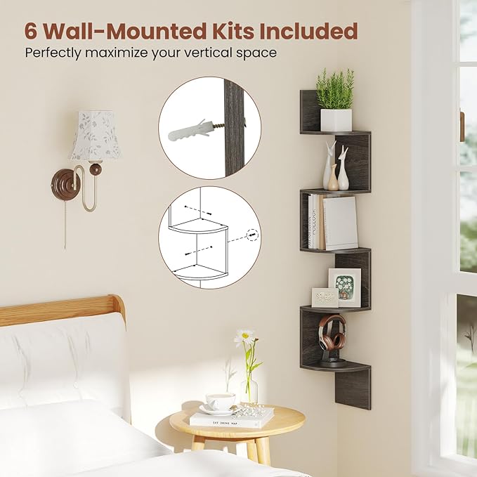 Giantex Corner Shelf Wall Mounted, 5-Tier Floating Corner Bookshelf, Home Storage Organizer, Wooden Display Stand Rack for Wall, Plant Shelf for Living Room, Bedroom, Kitchen (1,Oak)