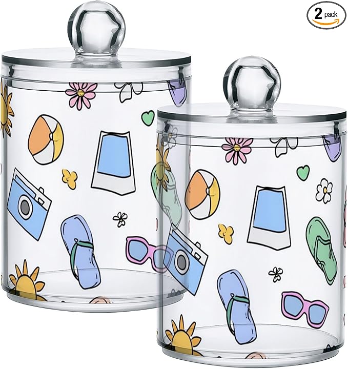 2 Pack Apothecary Jars Charming Summer Beach Art Bathroom Vanity Storage Organizer Set,Small Clear Plastic Storage Jars Bathroom Canister for Cotton Swabs, Rounds, Balls, Qtips,Makeup Sponges,
