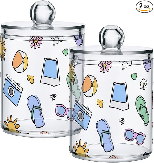 2 Pack Apothecary Jars Charming Summer Beach Art Bathroom Vanity Storage Organizer Set,Small Clear Plastic Storage Jars Bathroom Canister for Cotton Swabs, Rounds, Balls, Qtips,Makeup Sponges,