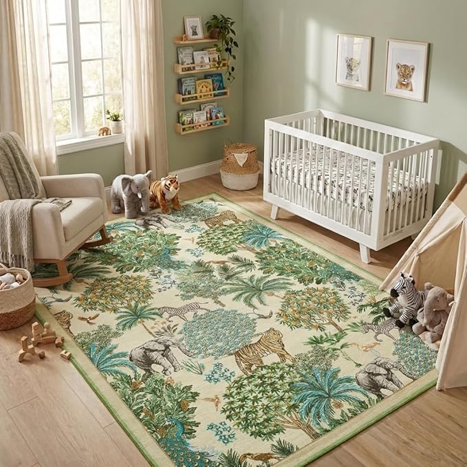 GarveeHome Jungle Washable Rug 9x12 Area Rugs for Living Room Bedroom, Animal Print Rug Non Slip Low Pile Forest Stain Resistance Large Throw Carpet for Dining Room Kids Playroom Nursery, Beige