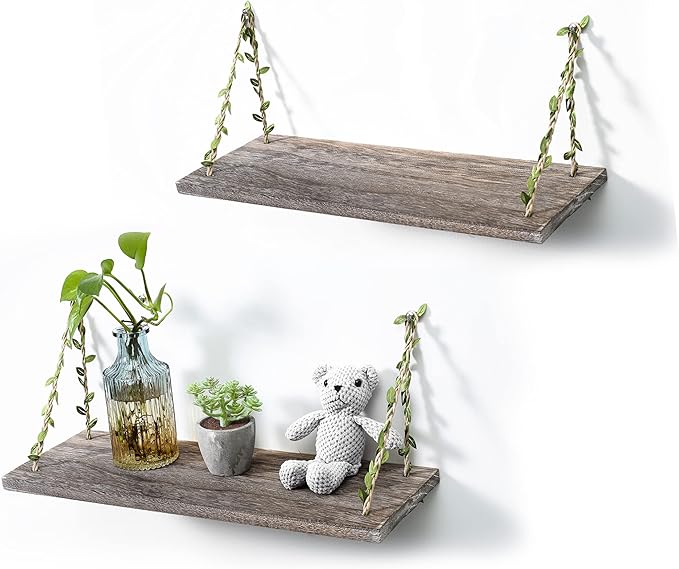 MITIME Leaf Rope Hanging Floating Shelves, Wall Swing Storage Shelf for Home Decor.17, 2-Pack (Retro Color)