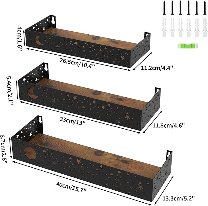 Moon and Stars Wall Shelves Black, Set of 3 Small Floating Shelves for Bedroom Living Room Wall Storage or Decor, Brown Board