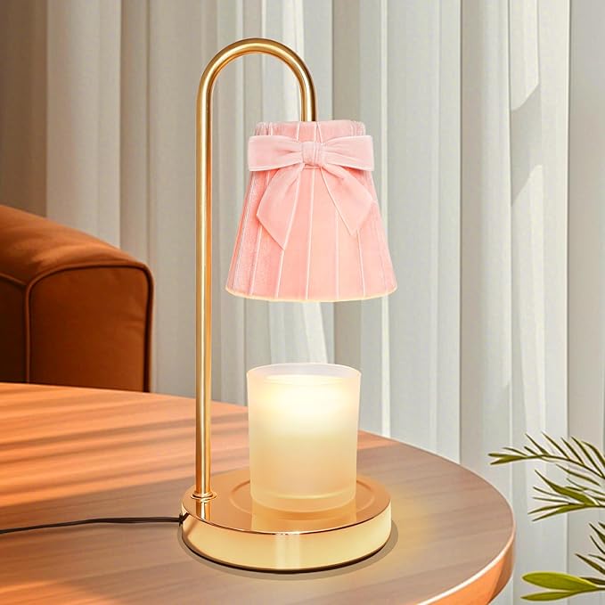 Crystal Club Candle Warmer Lamp with Timer, Dimmable Wax Warmer with Adjustable Brightness, Velvet Lampshade & Bow Design, Gifts for Women Men, Candle Light for Modern Home Decor