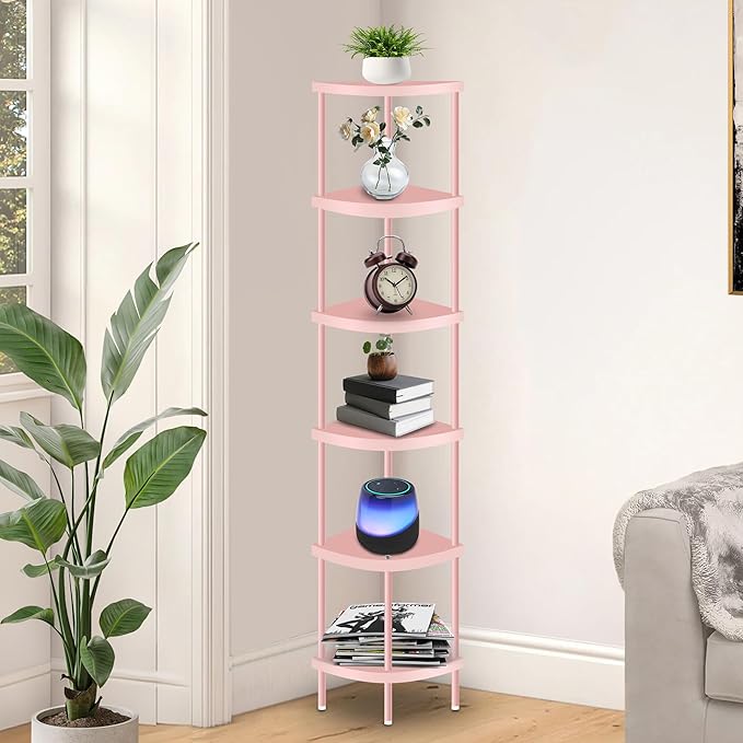 Qupui 6 Tier Corner Shelf Stand, 66” Tall Corner Bookshelf Multipurpose Shelving Unit, Plant Stand Display Rack Home Organizer Shelves for Bedroom Living Room, Pink
