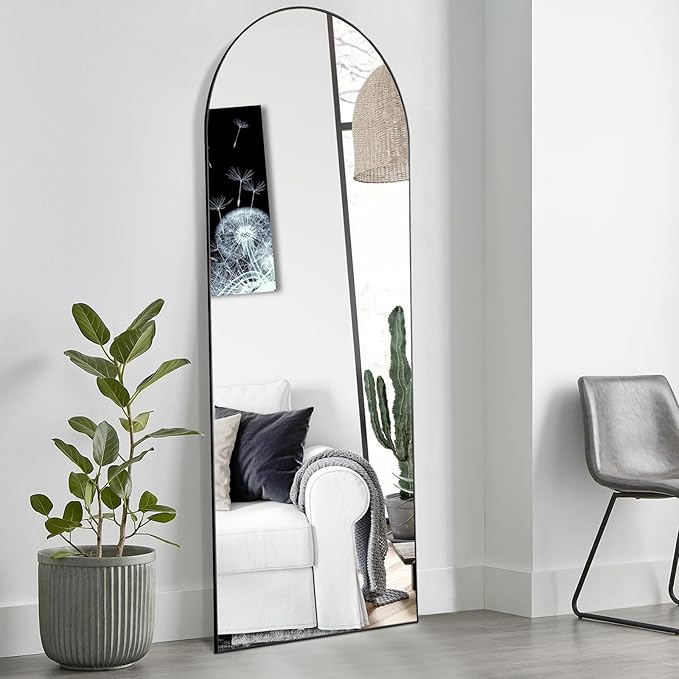 OLIXIS Black Arched Full Length Mirror 60"x16" for Bedroom, Full Body Mirror with Stand, Hanging or Leaning for Wall, Aluminum Alloy Thin Frame Floor Standing for Living Room