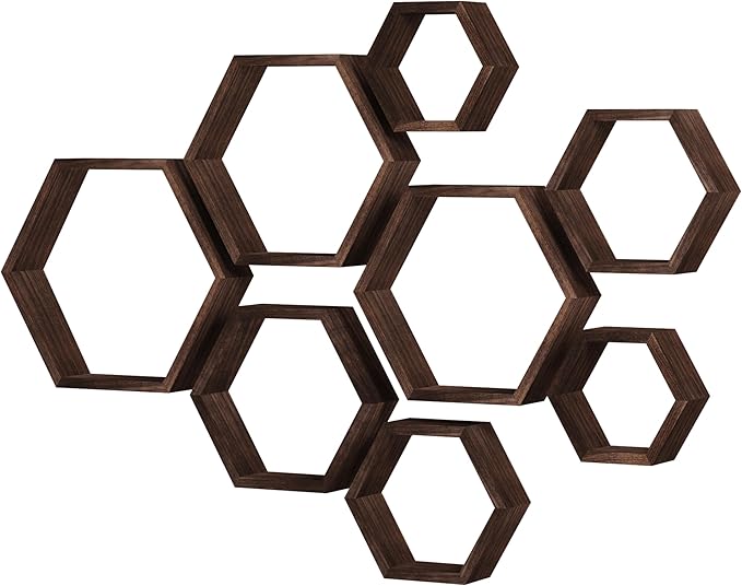 WONFUlity Hexagon Floating Shelves Honeycomb Shelves Wood Farmhouse Storage Wall Shelf for Bathroom, Kitchen, Bedroom, Living Room, Driftwood Finish Wall Decor