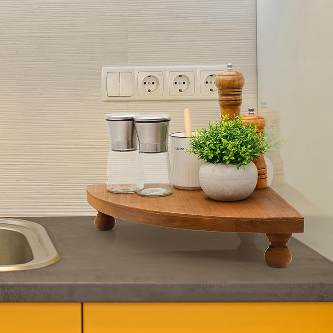Corner Counter Wood Shelf, Rustic Pedestal Stand, Farmhouse Corner Shelves Stand, Tray Riser for Coffee Bar, Bathroom Countertop Organizer Corner, Centerpiece Display Riser for Kitchen (Wooden)