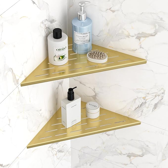 Qeke Corner Shower Shelves, 12” Recessed Tile Shower Shelf, 304 Stainless Steel Grout in Corner Tile Shower Shelves, No Drilling, Brushed Golden, 2 Pack