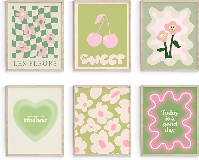 Habseligkeit Green Danish Pastel Wall Decor for Girls Dorm, Aesthetic Cute Room Decor, Preppy Wall Art Prints for Room Decor Aesthetic Unframed, 11x14in, Set of 6