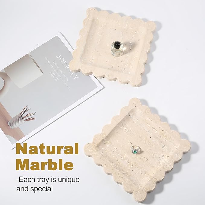 Travertine Decorative Tray, 7.8in Marble Scallop Edge Tray, Square Bathroom Trays for Jewelry Perfume, Vanity, Coffee Table, Beige Stone Trinket Dish for Woman, Dresser Décor Gift