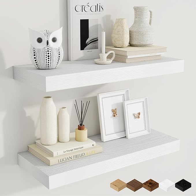 Fun Memories 24 Inch Floating Shelves, 9.3 Inch Deep Rustic Wall Shelves - Extra Deeper Wall Mounted Storage Shelves for Bathroom, Kitchen, Living Room (White, Set of 2)