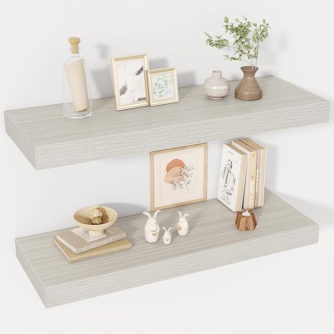 Acovy 30 Inch Floating Shelves, 12" Deep Floating Shelf Wall Mounted, 30" Wall Shelves, Rustic Deep Bookshelf, Extra Deeper & Thicker Display Shelves for Bedroom, Living Room, Gray, Set of 2