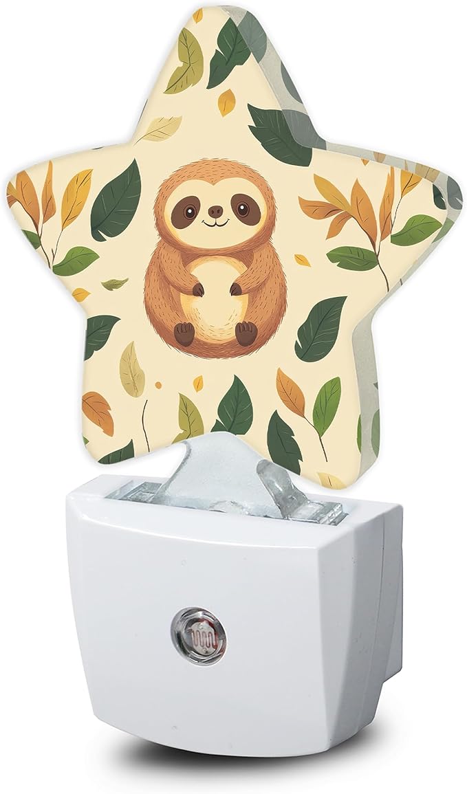 Cute Sloth Night Lights Plug Into Wall,Spring Leaves Star Night Light for Kids,Nightlight with Dusk to Dawn Smart Sensor for Bedroom Bathroom Decor,Children Women Men Gift
