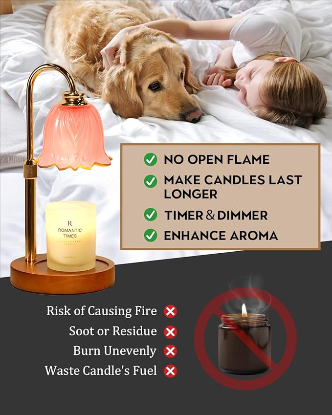Funistree Candle Warmer Lamp, Gold Candle Lamp Warmer with Timer & Dimmer with 2 Bulbs, Birthday Gifts for Women Mom, New Home Bedroom Decor, Height Adjustable