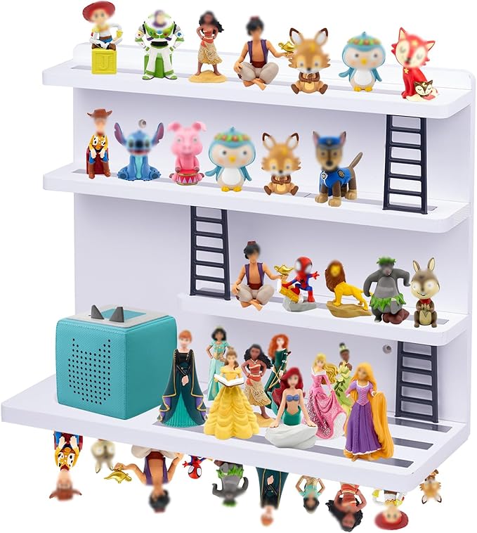for Tonie Shelf Magnetic,for Tonie Storage Wall, Holds 50+ Characters Creative Magnetic Top & Back,Pinewood Floating Shelves for Wall,Dedicated Charging Slot for Tonebox,4 Tier – White Color