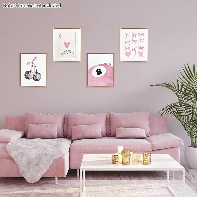 bakbrand Wall Art Minimalist Aesthetic Wall Decor Coquette Modern Canvas Decor Posters Trendy Preppy Bow Picture Print Painting for Bedroom/Living Room, Set of 4 Pcs Unframed (AC1, Pink, 8W x 10L)