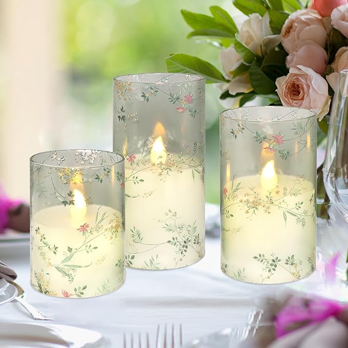 Glass Flameless Candles Flickering Battery Operated LED Pillar Candles Set of 3 with Timer and and 10-Key Remote Green Branch Floral Spring Summer Theme for Wedding Festival Home Decoration