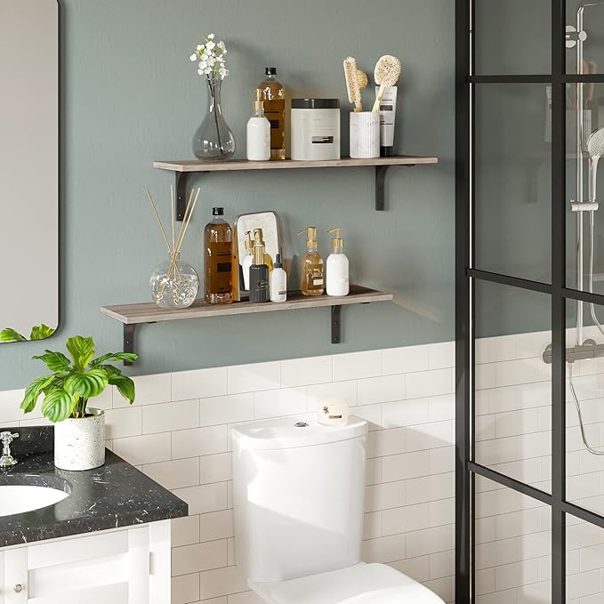 DINZI LVJ Long Wall Shelves, 31.5 Inch Wall Mounted Shelves Set of 2, Easy-to-Install, Floating Storage Ledges with Sturdy Metal Brackets for Living Room, Bathroom, Bedroom, Kitchen, Greige