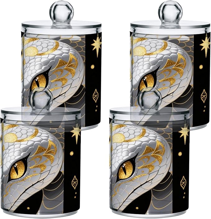 2 Pack Apothecary Jars Art White Snake Bathroom Vanity Storage Organizer Set,Small Clear Plastic Storage Jars Bathroom Canister for Cotton Swabs, Rounds, Balls, Qtips,Makeup Sponges, Flossers,B