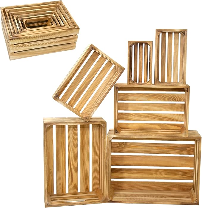 Wooden Crates for Display 6 Pack Large Rustic Nesting Wooden Basket with Handle, Decorative Farmhouse Wood Crate for Storage and Container, 6 Size Wood Basket Decor Boxes