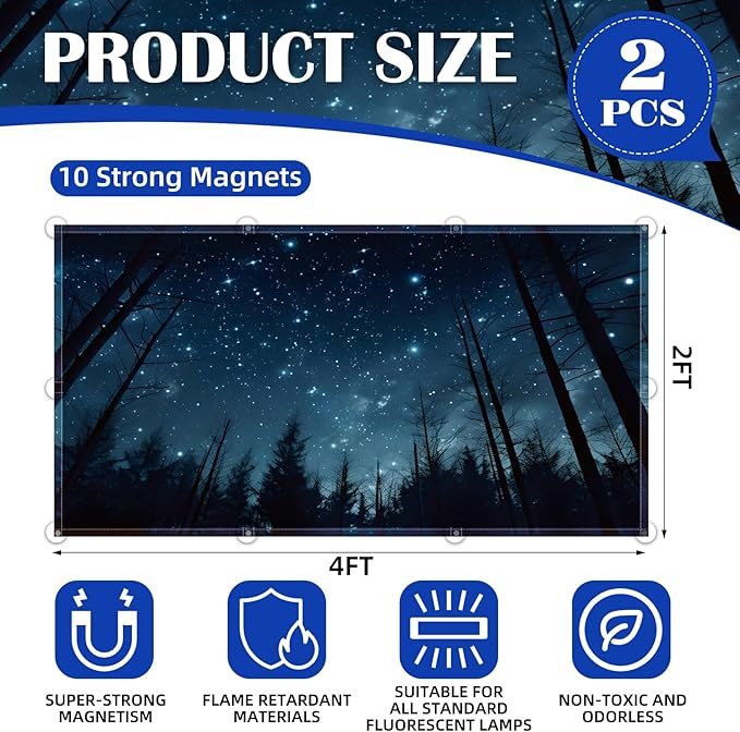 ANGSYLTH 2 Pcs Fluorescent Light Covers - 4 x 2 Feet Covers for Ceiling Lights, Magnetic Light Filters for Classroom, Office, Hospitals, Home (Forests & Starry Sky-2)