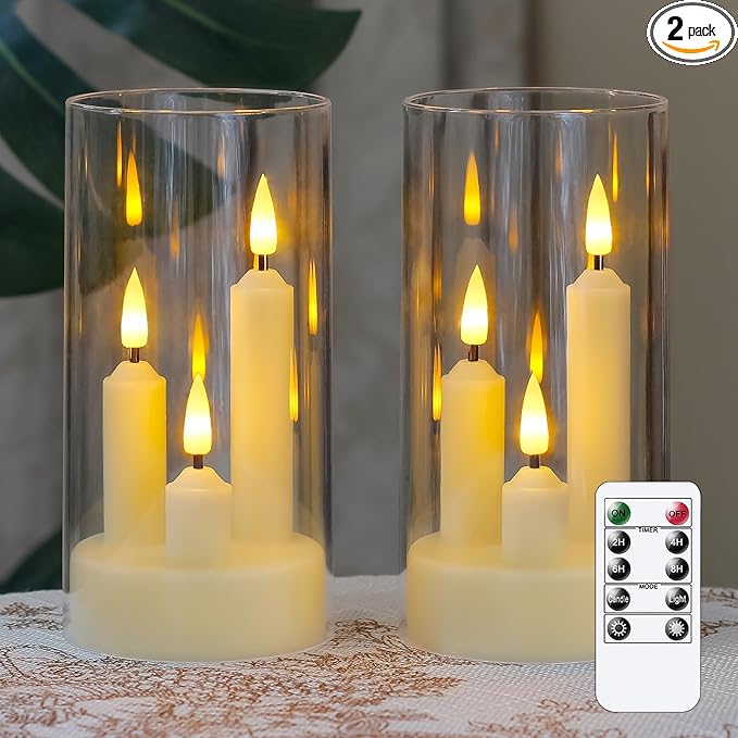 3 in 1 Flameless Taper Short Candles with 10 Key Remote Control and Timer, Battery Operated Pack of 2 LED Acrylic 3" x6" White Pillar Flickering Warm Light