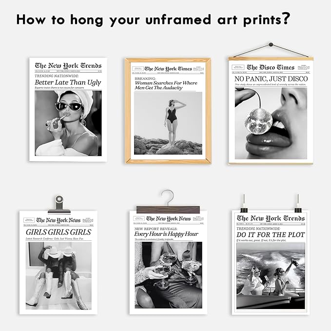 TWNSLLA Trendy Newspaper Wall Art Woman Searches For Where Men Get The Audacity Posters Prints,New York Times Wall Art Canvas,Vintage Bart Cart Decor Retro Girl Dorm Room Decor Aesthetic,11x14inchx6pcs,Unframed