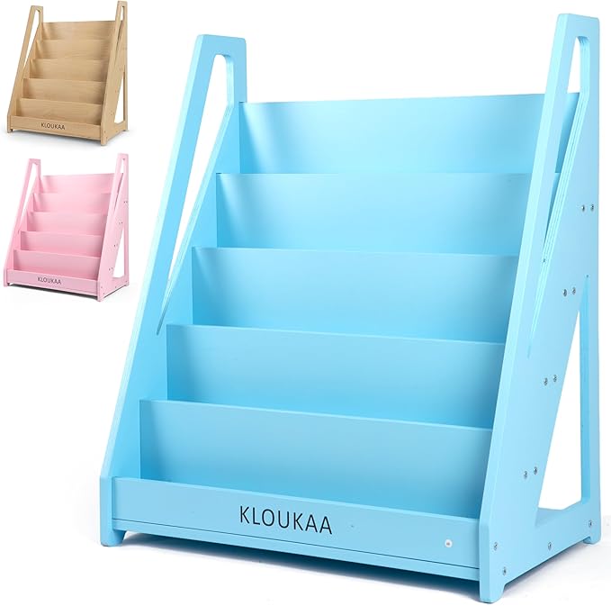 Kids Book Shelf Organizer, Wooden Children’s Bookcase with Front-Facing Storage for Toddlers & Kids (Blue)