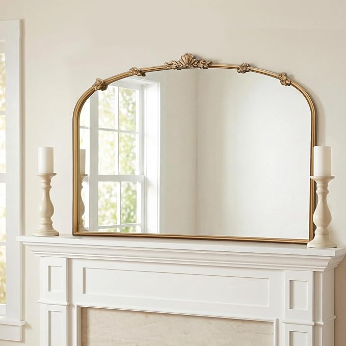 Besdomus Large Vintage Gold Mirror: 40"x29" Traditional Ornate Arched Mirror - French Baroque Antique Mirrors for Wall/Mantel/Bedroom/Entryway/Bathroom/Hallway - Home Decor for Fashion-Conscious