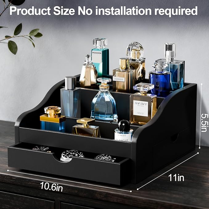 Perfume Organizer for Men，4 Tier Cologne Organizer for Men，Wood Cologne Stand with 2 Drawer and Hidden Storage for Watch, Jewelry, Perfume Display Risers, A Gifts for Man (Black)