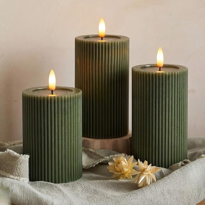 Fluted Ribbed LED Pillar Candles, Loden Green, with Reflective Melted-Wax Effect – Flickering Flame, Remote, Dimmable, Flameless, Battery Operated, Home & Wedding Decor (Set of 3)