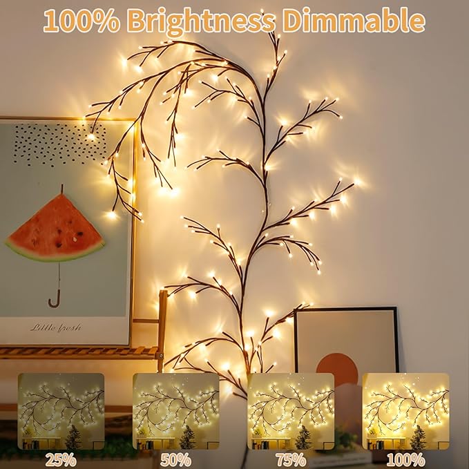FNHMSL Enchanted Willow Vine Lights 7.55FT 144LED 2 PCS Brown Tree Branch Lights for Wall, Remote Timer,8 Light Model,Bedroom Wall Doors Wedding, Christmas, USB Battery Box