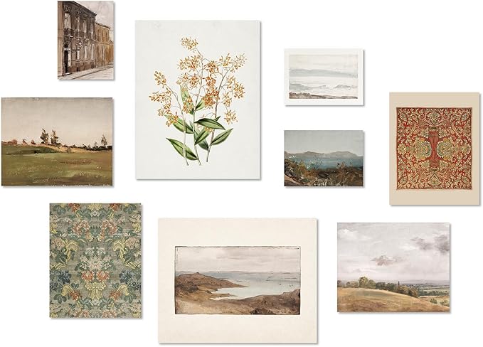 Habseligkeit Retro Prints for Wall Decor, Vintage Wall Art Prints, Country Wall Decor Aesthetic Landscape Home Decor Bedroom Living Room Unframed, Set of 9