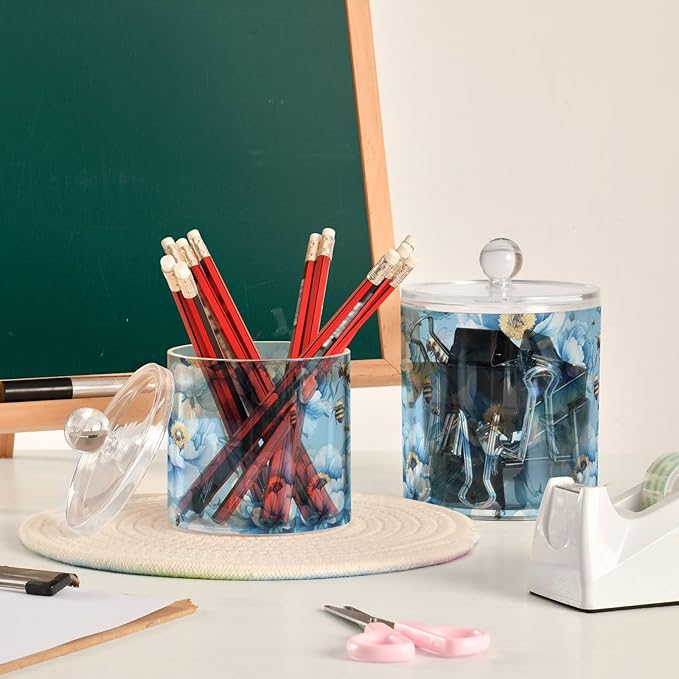 Unique Peonies Blue Clear Plastic Makeup Organizer Storage with lid Dresser Essentials Decorative Dental floss storage jar for Cotton Swabs,Cotton Pads,Floss Picks,Paper Clips,Hair Clips 2