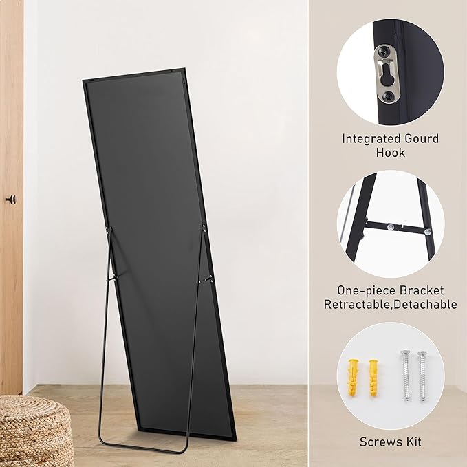 OLIXIS Full Length Mirror for Bedroom, 68"x26" Full Body Mirror with Stand, Hanging or Leaning for Wall, Aluminum Alloy Thin Frame Floor Standing for Living Room, Long, Black