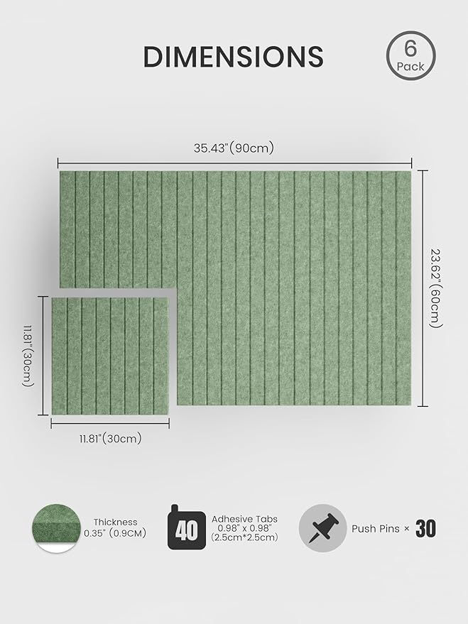 Bumusty Large Cork Board Alternative-36 x 24" Felt Bulletin Board Tiles, with 30 Pushpins, 40 Adhesive Tabs, Fine-Stripe 6-Pack, Cork Boards for Office Push Pin Board Felt Board-Moss Green