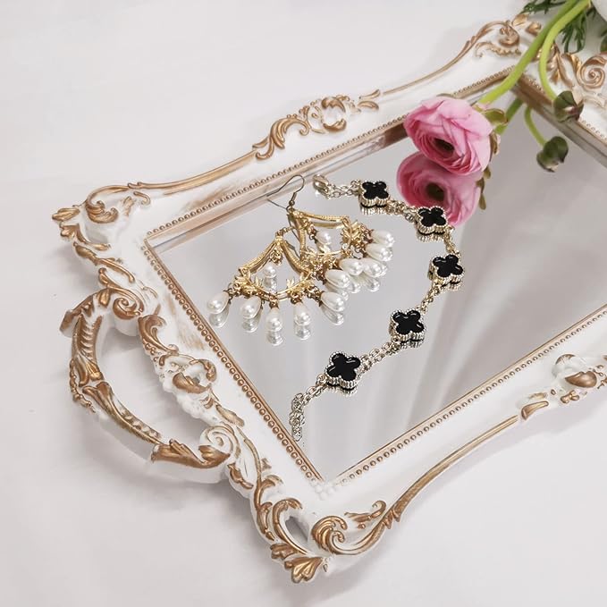 Small Rectangle Decorative Mirror Tray, French Style, Makeup Organizer, Jewelry Organizer, Serving Tray, 13"x 7.8", Golden White