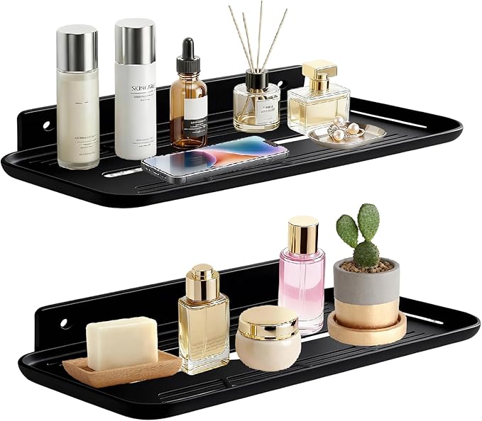 FAYYGYH Adhesive Floating Shelves No Drill Floating Shelf for Wall Storage Damage-Free Wall Mounted Organizer for Bathroom, Kitchen, Bedroom & Office (Black, 2 PCS)